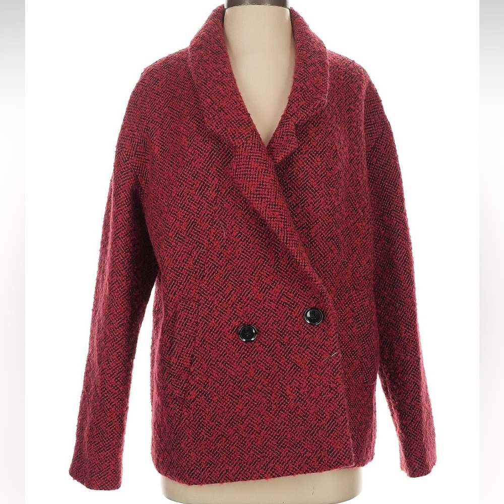 Vintage Express Wool Y2K Red Black Heathered Tweed Pea Coat Jacket Size Small S